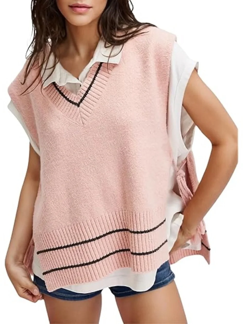 FREE PEOPLE OVERSIZE SWEATER VEST WITH SIDE TIGHT TASSELS